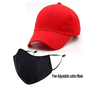 Classy Plain Cotton Cap With Mask - Red (BHC-2306410)