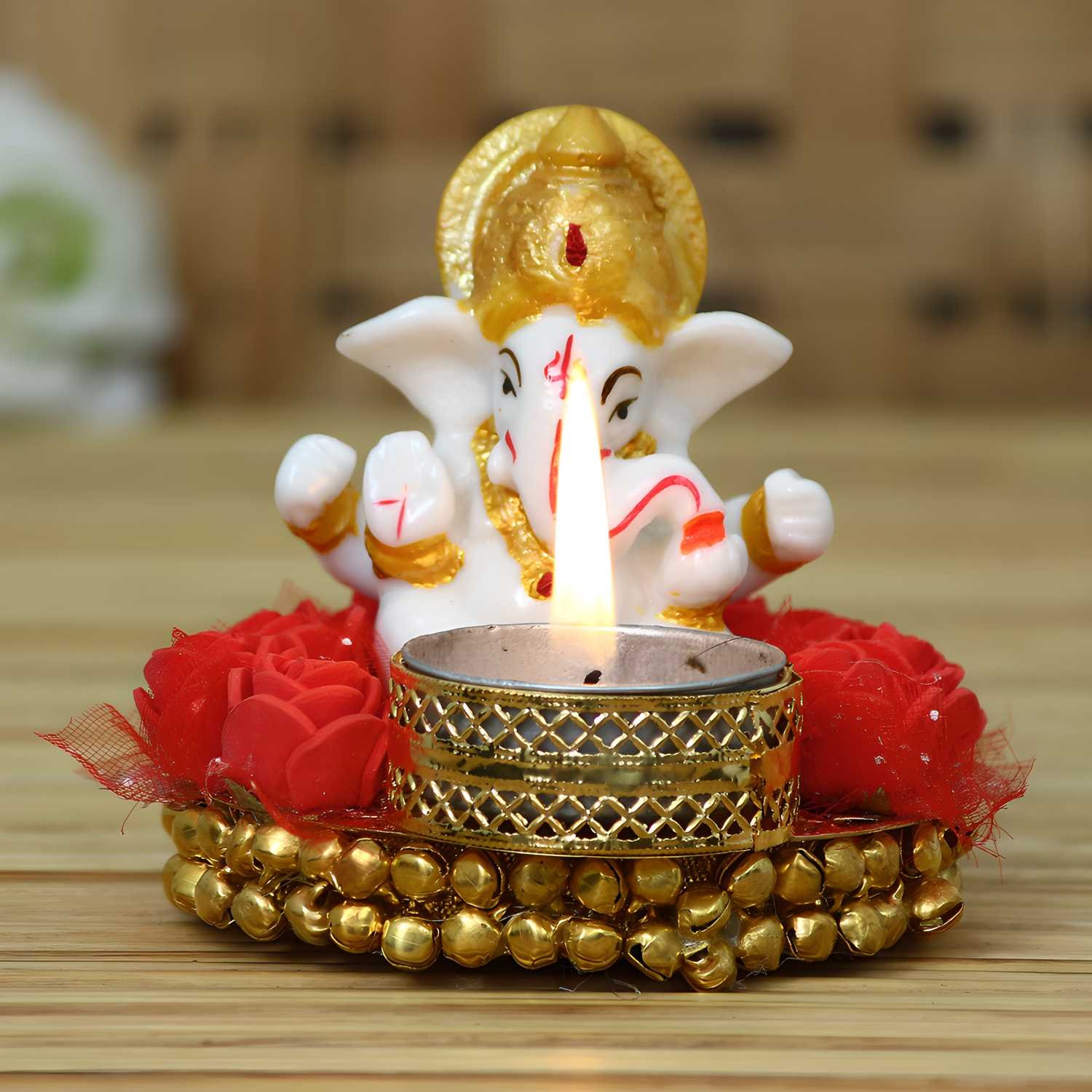 CraftIndia Lord Ganesha Idol on Decorative Plate with Tea Light Holder