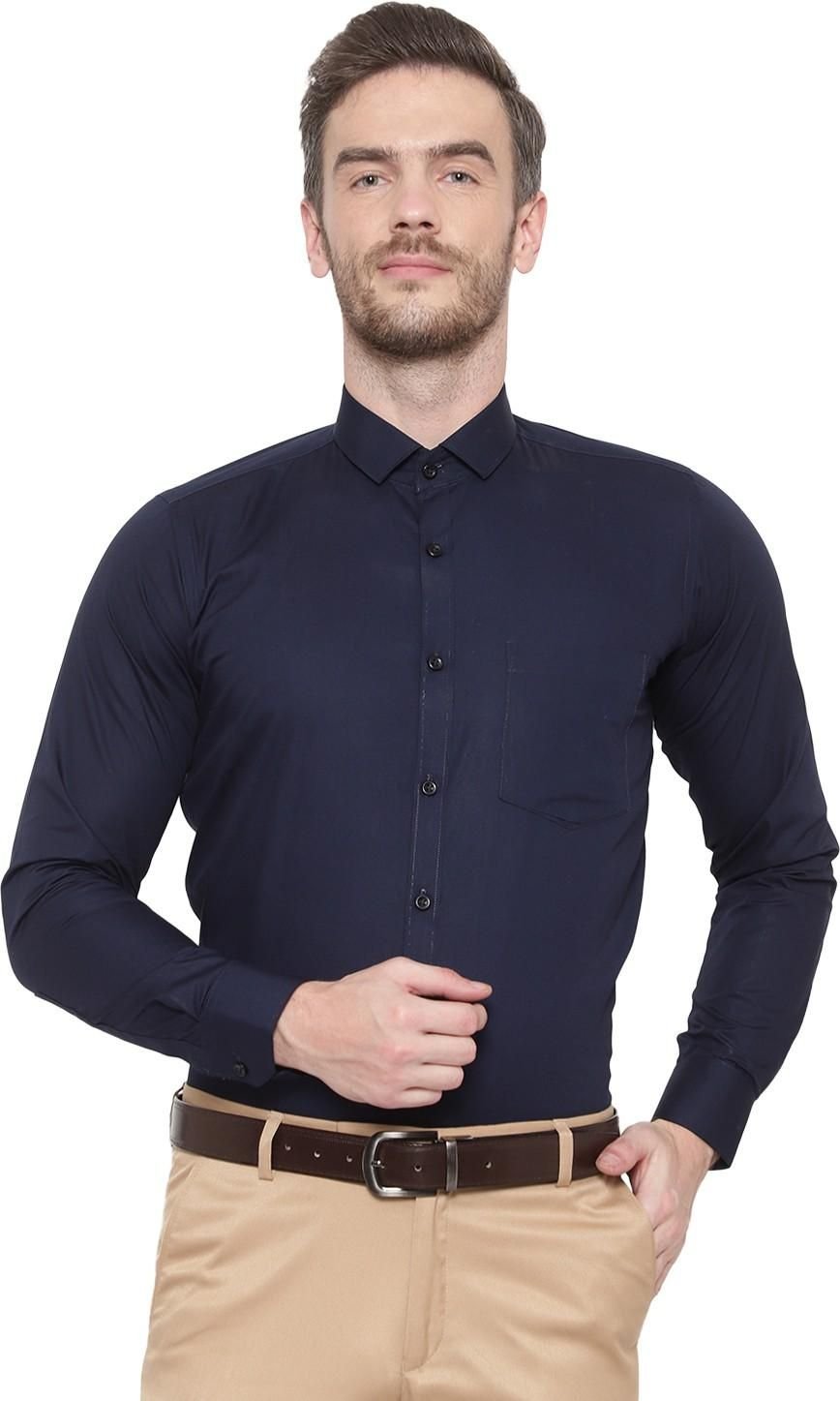SREY Men Slim Fit Solid Darl Blue Formal Shirt