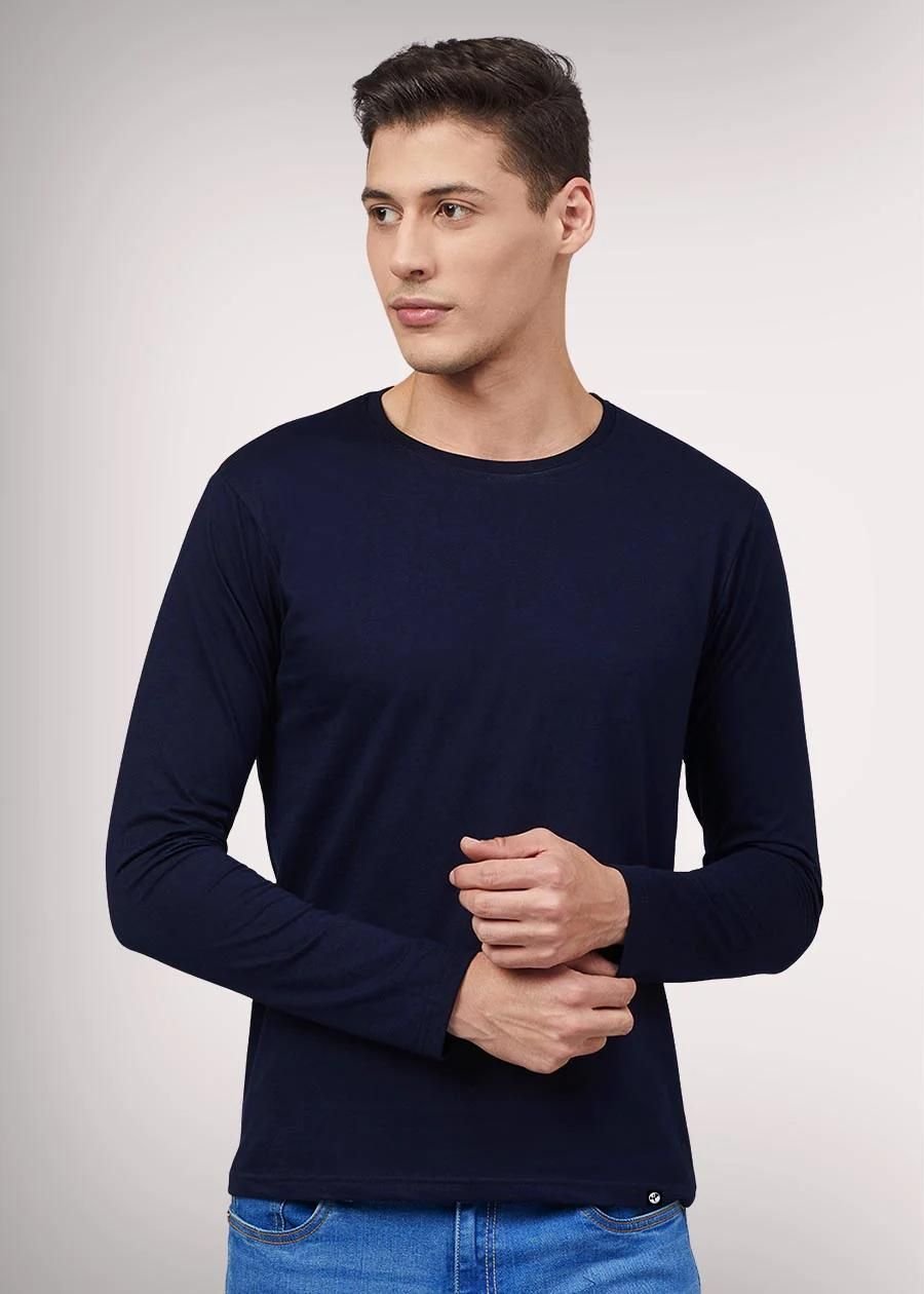Teeshut Navy Blue Mens Solid Full Sleeves T-shirt